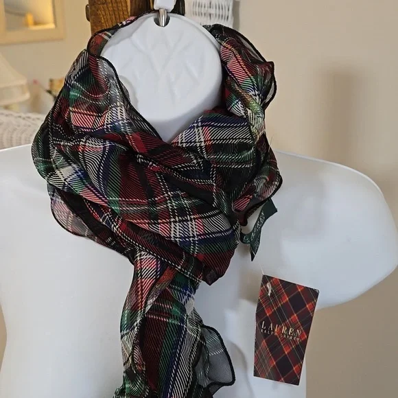 Lauren Ralph Lauren Ruffled Holiday Plaid Oblong Scarf Silk NWT - Picture 9 of 11
